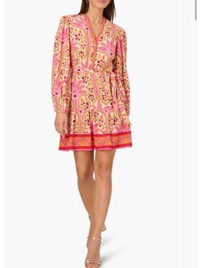 Adrianna Papell Printed Flounce Dress Pink Multi Size 12 Long Sleeve V-Neck Belt